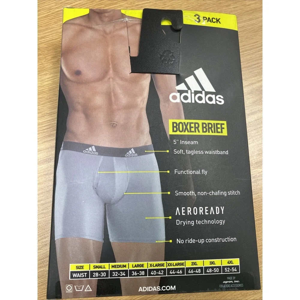 Adidas Performance Boxer‎ Briefs Mens 2XL (3-Pack) Quick-Dry Black/Gray